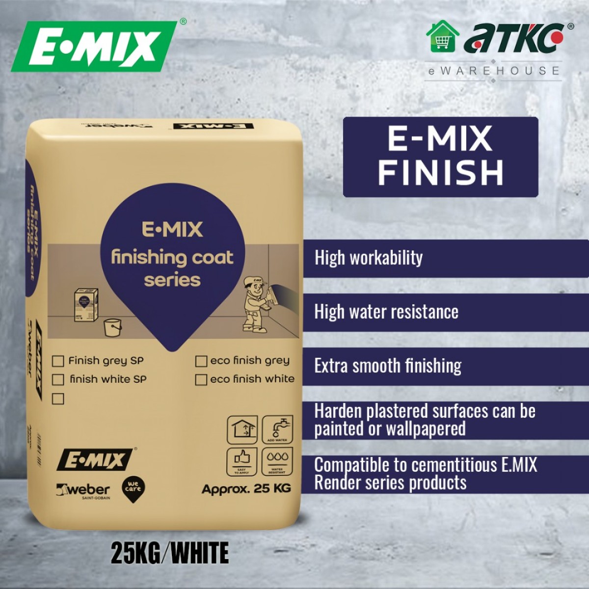 E Mix Finish Premixed Thin Cement Based Finishing Plaster For Wall And