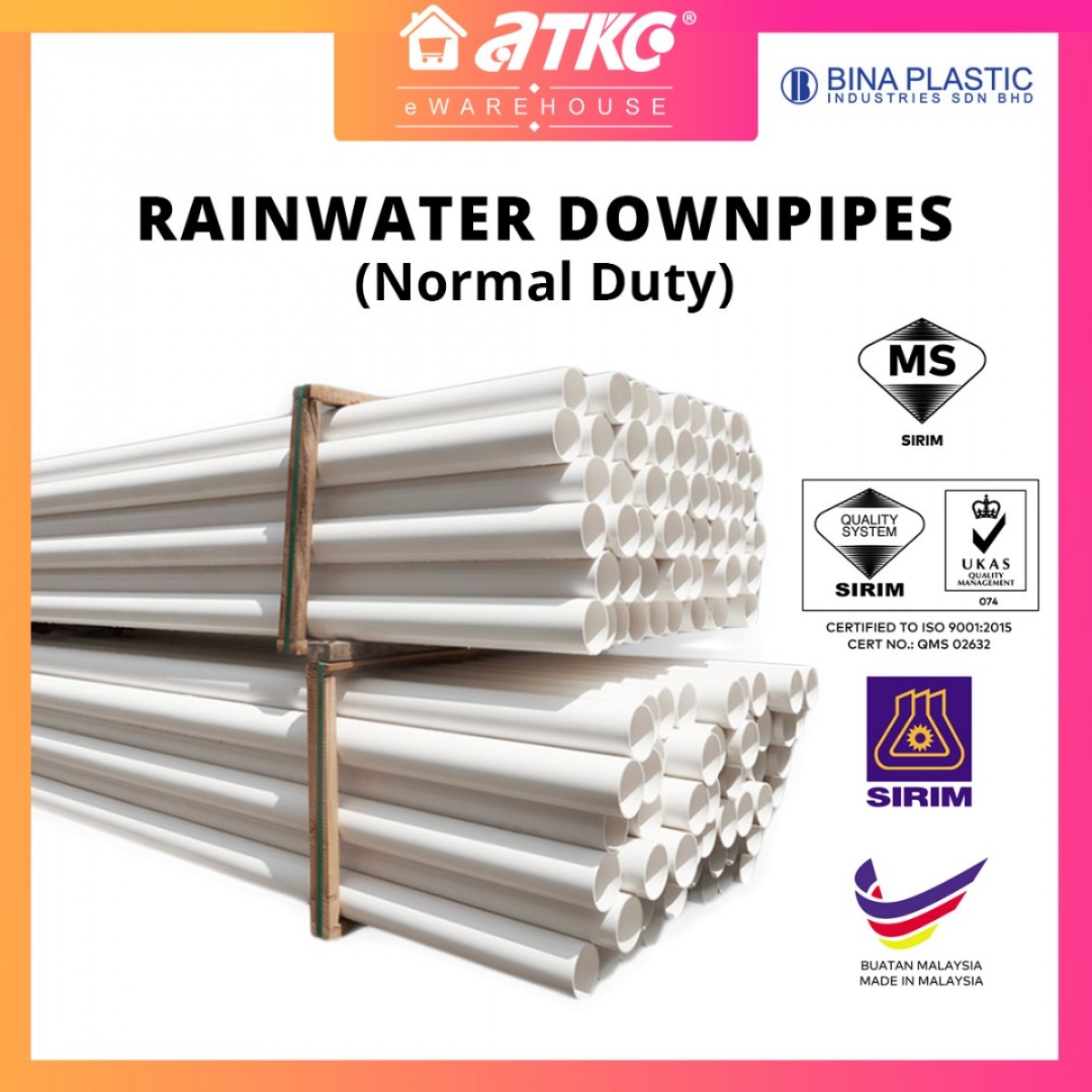 [SIRIM] Bina Plastic UPVC Rainwater Downpipe Normal Duty 82MM/ 110MM ...