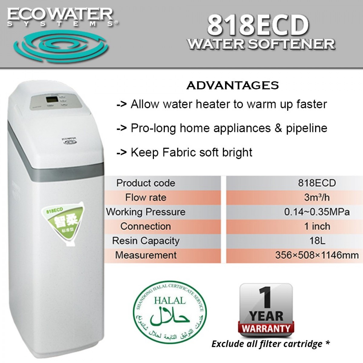 Ecowater 818ECD Water Softener 356MM (L) x 508MM (W) x 1146MM (H)