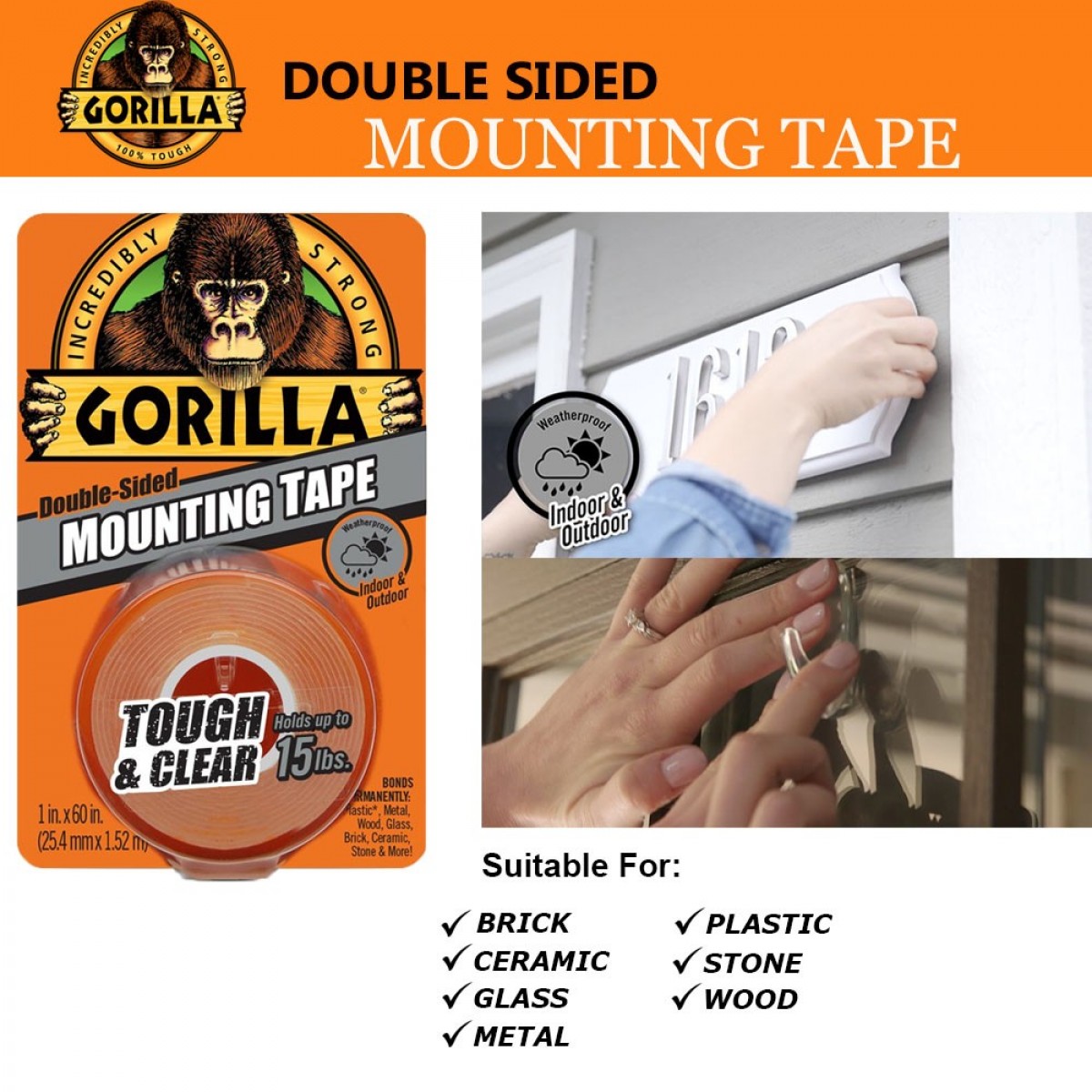 Gorilla Double Sided Mounting Tape Tough & Clear 1'' X 60"