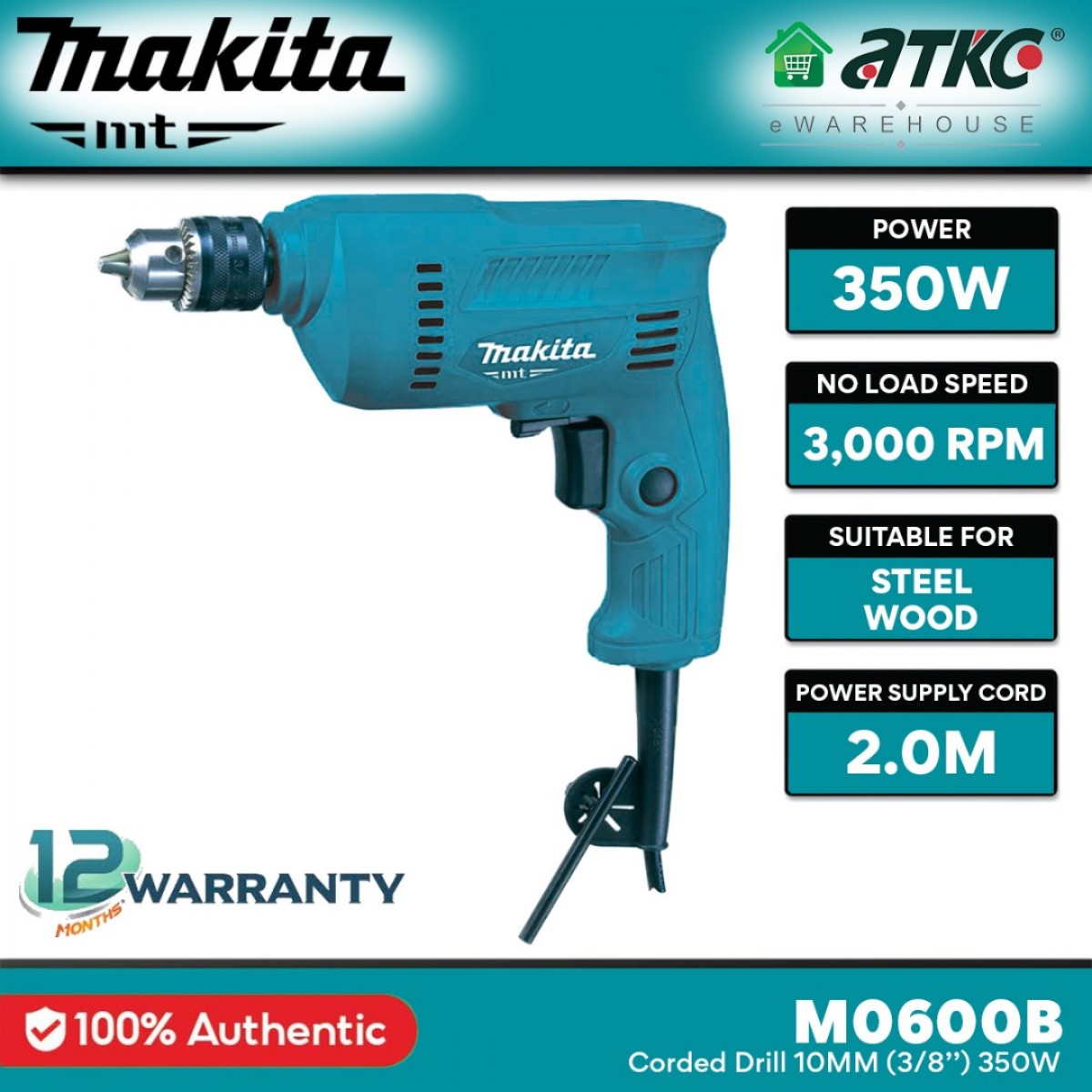 Makita M0600B Corded Drill 10MM (3/8'') 350W